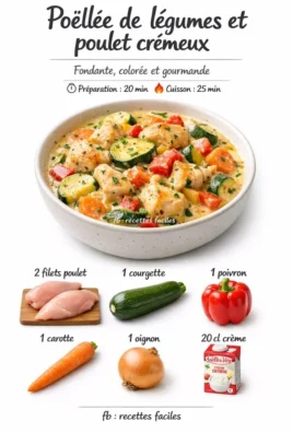 Plate of sautéed vegetables served with creamy chicken in a beautiful presentation.