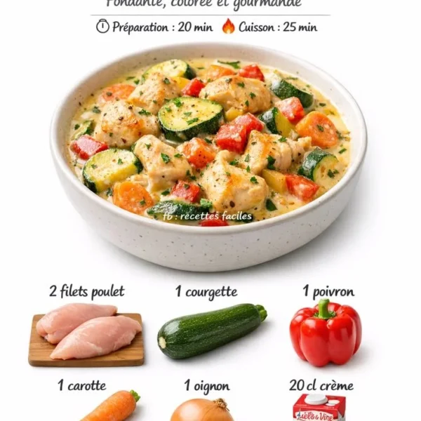 Plate of sautéed vegetables served with creamy chicken in a beautiful presentation.