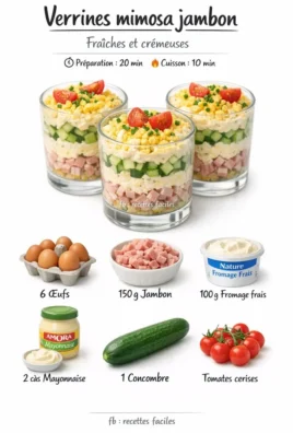 Savory verrines mimosa style topped with ham and egg, a gourmet appetizer.