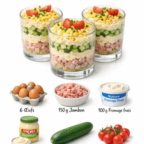 Savory verrines mimosa style topped with ham and egg, a gourmet appetizer.
