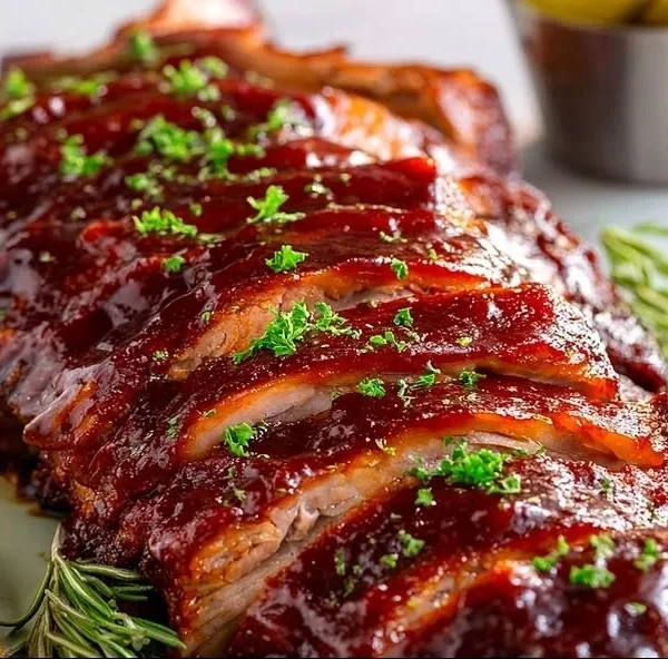 Delicious slow cooker spare ribs served on a plate with barbecue sauce.