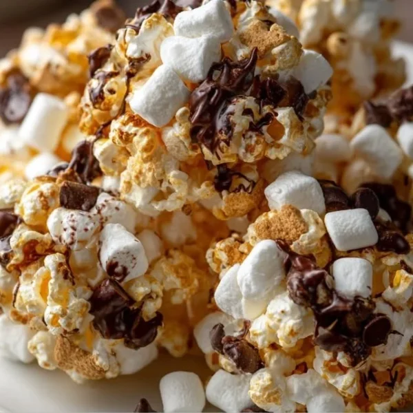 Delicious S'mores popcorn balls with chocolate, marshmallow, and graham cracker pieces