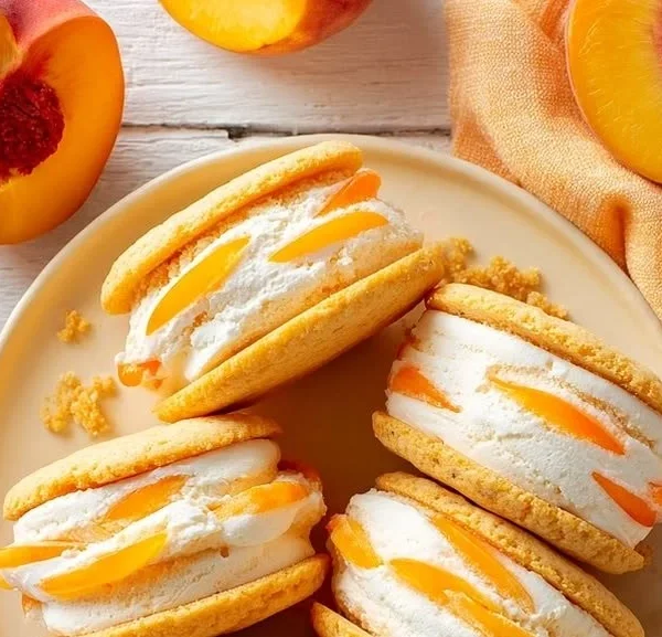 Soft peach ice cream sandwiches with fresh peaches and cookies
