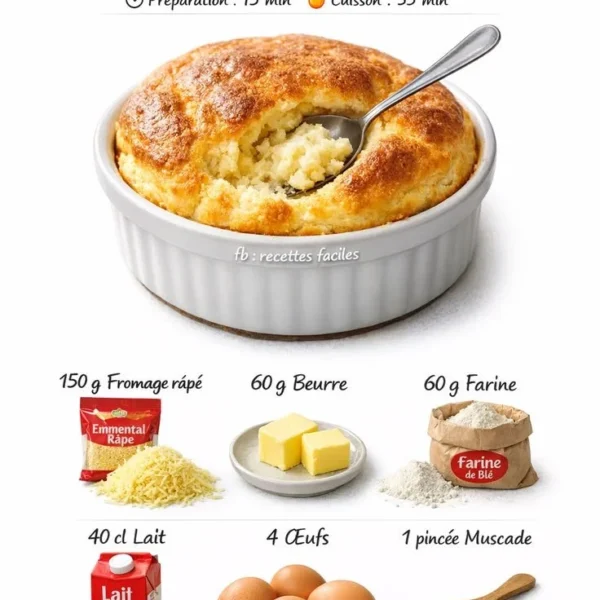 Soufflé au fromage doré et moelleux, prêt à être servi en entrée.
