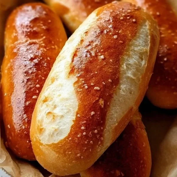 Freshly baked sourdough hot dog buns on a wooden serving board
