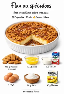 Delicious Speculoos Flan dessert topped with crushed speculoos cookies.