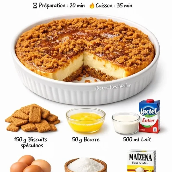 Delicious Speculoos Flan dessert topped with crushed speculoos cookies.
