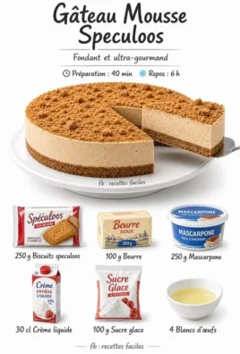 Delicious Speculoos Mousse Cake topped with caramel and crushed speculoos cookies.