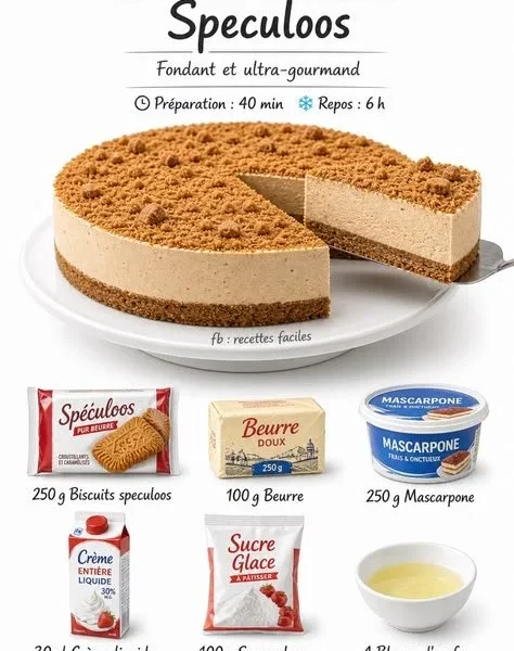 Delicious Speculoos Mousse Cake topped with caramel and crushed speculoos cookies.