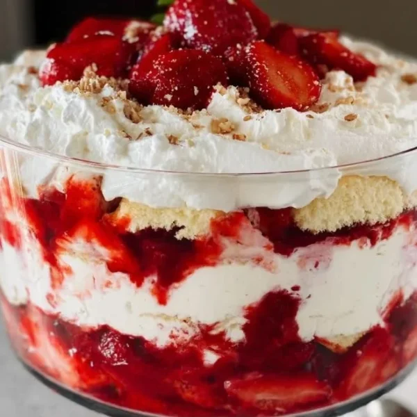 A bowl of Strawberry Angel Fluff dessert topped with fresh strawberries
