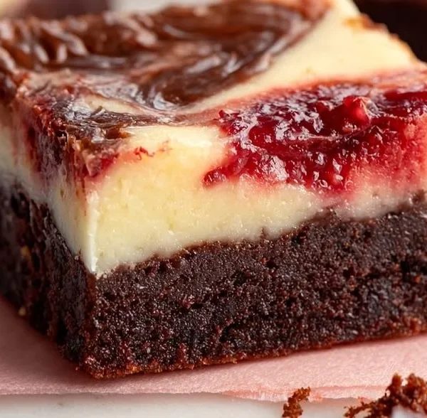 Delicious Strawberry Cheesecake Brownies on a white plate with fresh strawberries