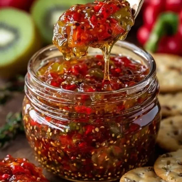 Jar of sugar-free pepper jam on a wooden table