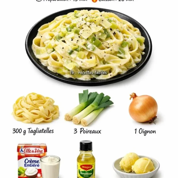 Plate of tagliatelle with creamy leek sauce garnished with herbs