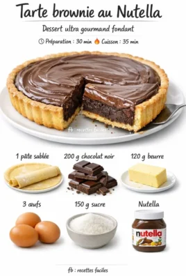 Tarte brownie au Nutella avec une garniture chocolatée et une texture fondante.