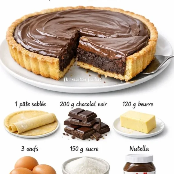 Tarte brownie au Nutella avec une garniture chocolatée et une texture fondante.