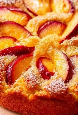 Tasty peach cake with fresh peaches topped with cream and served on a plate.
