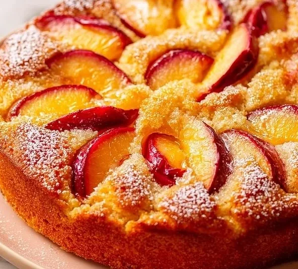 Tasty peach cake with fresh peaches topped with cream and served on a plate.