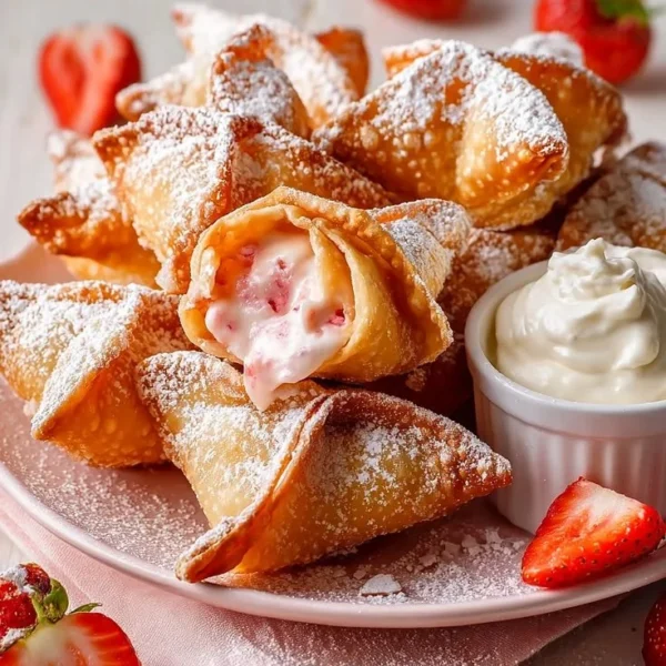 Delicious strawberry cheesecake wontons served on a plate