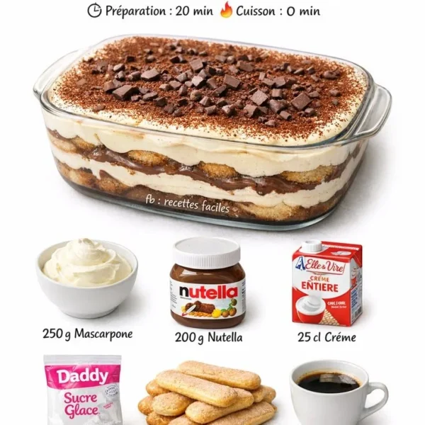 Tiramisu au Nutella sans œufs, dessert crémeux et chocolaté à savourer