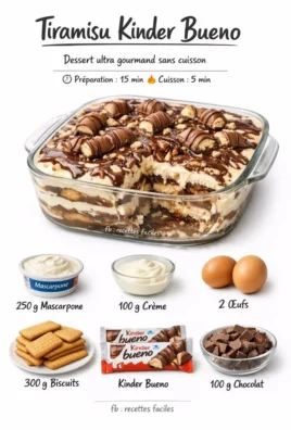 Delicious Tiramisu Kinder Bueno dessert featuring layers of coffee and chocolate flavors.