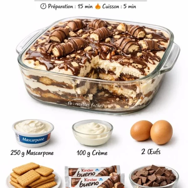 Delicious Tiramisu Kinder Bueno dessert featuring layers of coffee and chocolate flavors.