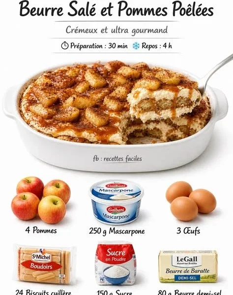 Tiramisu dessert with salted butter caramel and sautéed apples