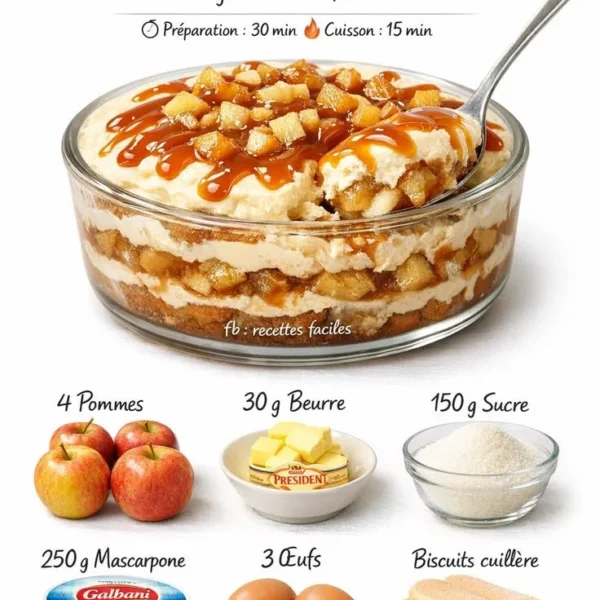 Delicious tiramisu topped with salted caramel and sautéed apples served in a dessert dish.