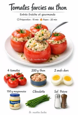 Tomates farcies au thon, plat savoureux et coloré, idéal pour les repas en famille.