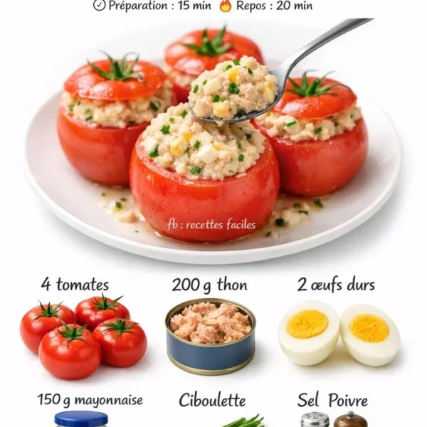 Tomates farcies au thon, plat savoureux et coloré, idéal pour les repas en famille.