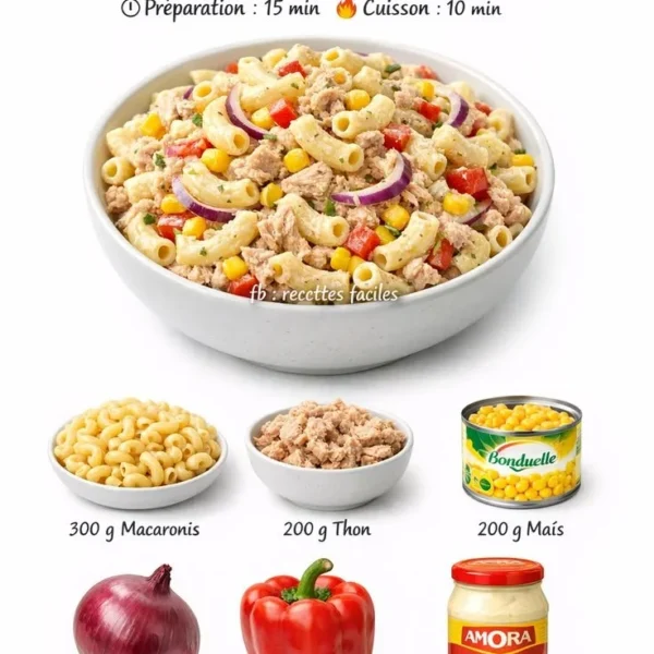 Tuna and Corn Macaroni Salad served in a bowl
