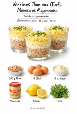 Tuna Verrines with Mimosa Eggs and Mayonnaise in elegant glass dishes.