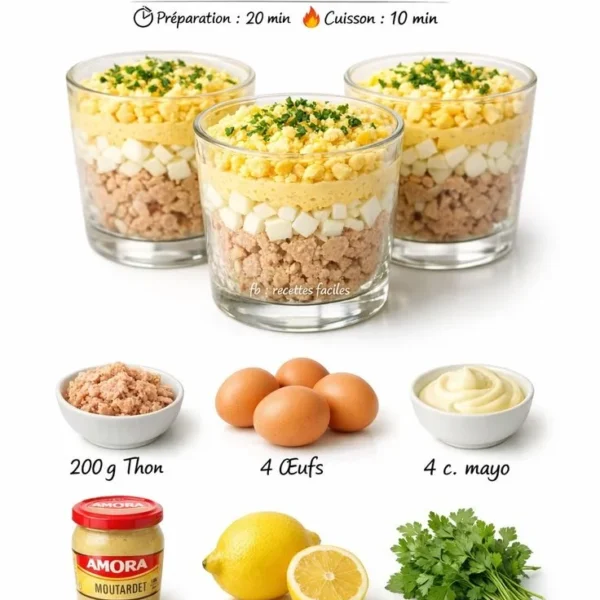Tuna Verrines with Mimosa Eggs and Mayonnaise in elegant glass dishes.