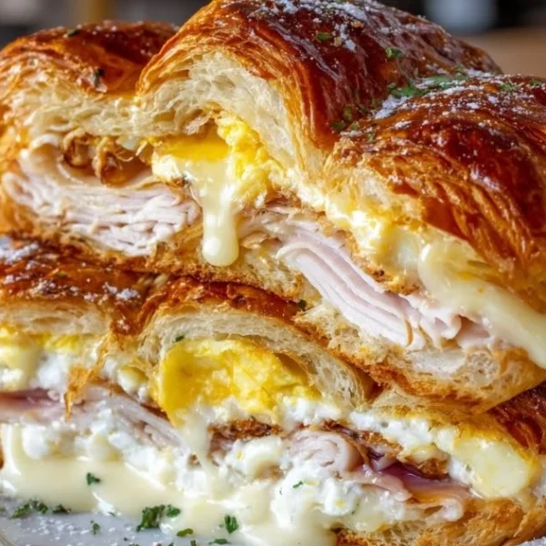 Turkey Havarti Sandwich on a flaky croissant with fresh ingredients.