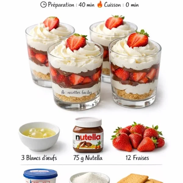 Verrine fraise Nutella avec des couches de fraises et de crème au Nutella
