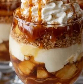 Verrines Pommes Caramel avec chantilly, un dessert savoureux et élégant.