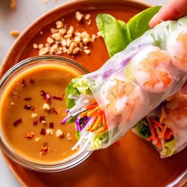 Vietnamese shrimp salad rolls served with creamy peanut sauce on a plate.