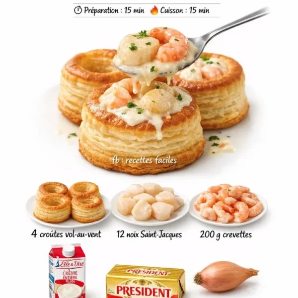 Vol-au-vent aux Saint-Jacques et crevettes, plat gourmet français