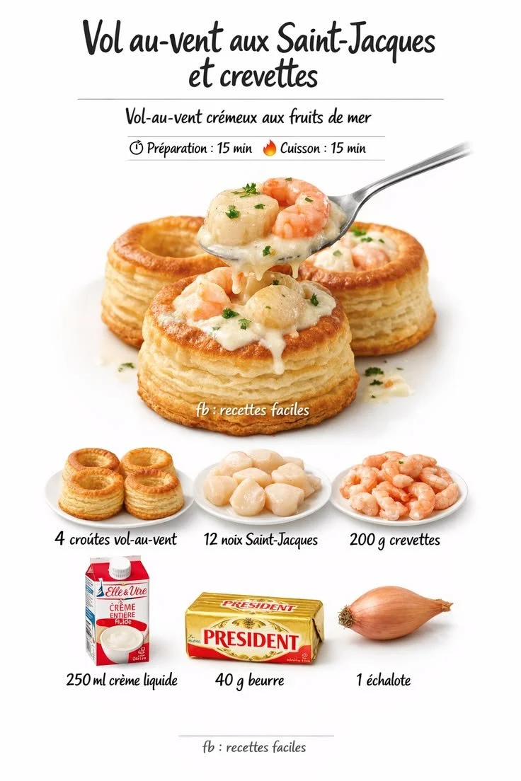 Vol-au-vent aux Saint-Jacques et crevettes