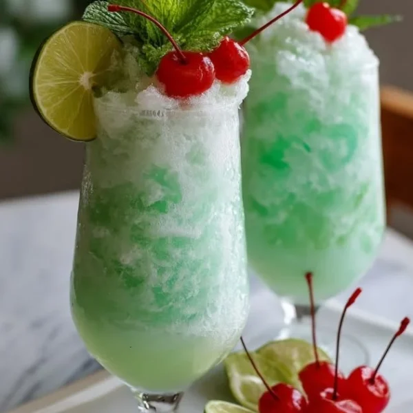 Delicious lime sherbet floats served in a chilled glass with soda.
