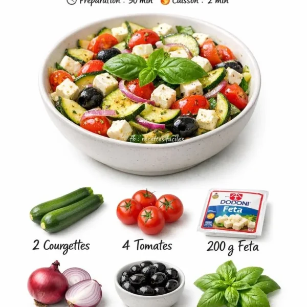 Zucchini salad with feta cheese and fresh vegetables in a bowl